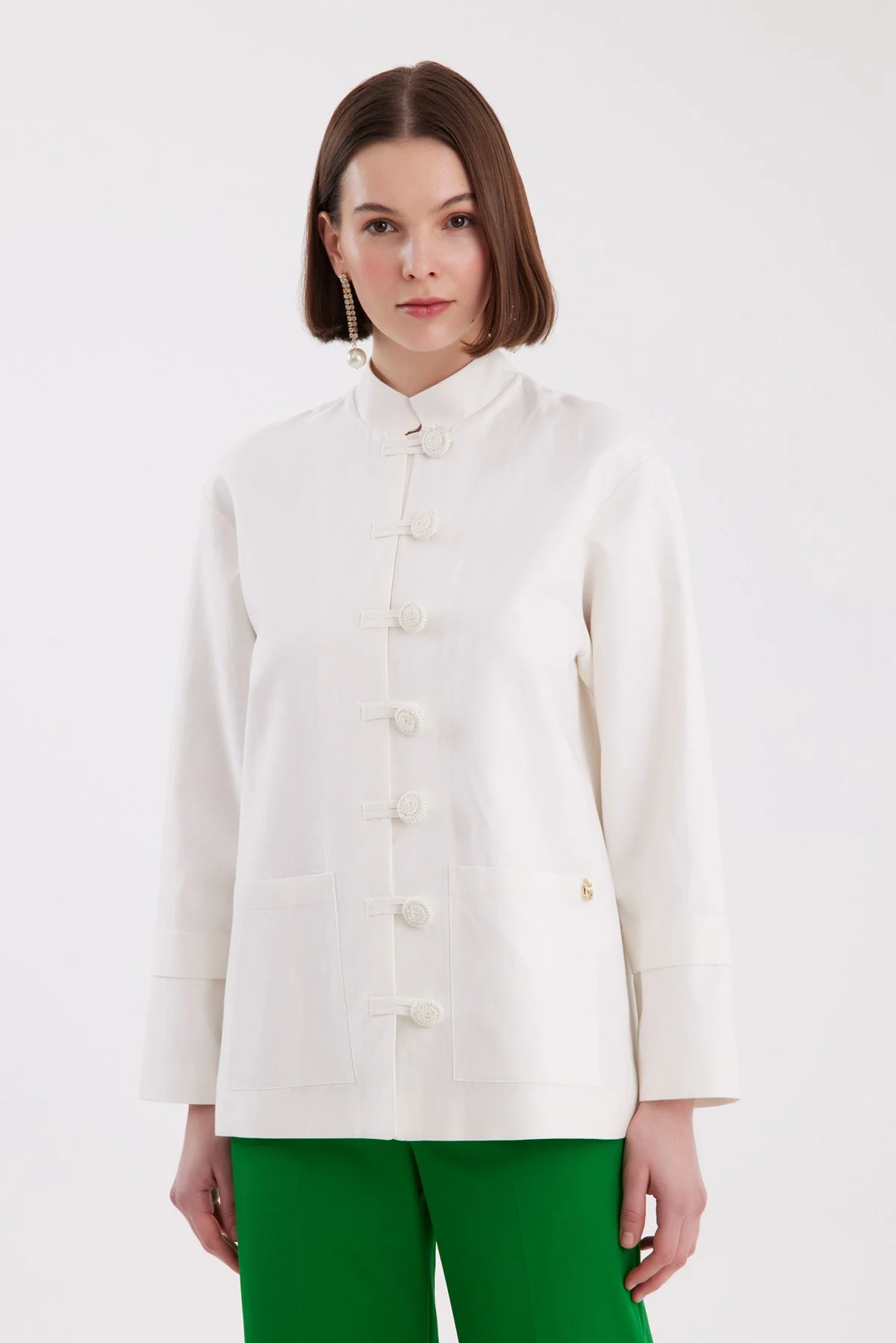 Ecru Mandarin-Collar Handmade Buttoned Blazer - Image 2