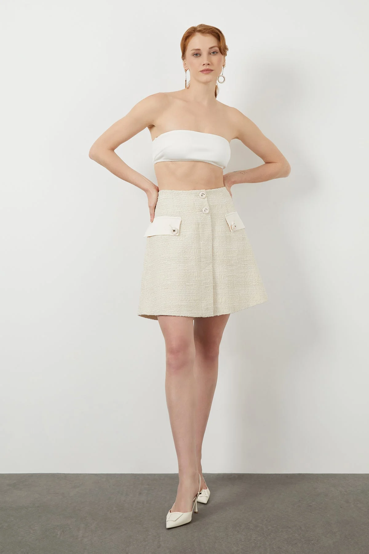 Ecru Mini Button Detail Skirt