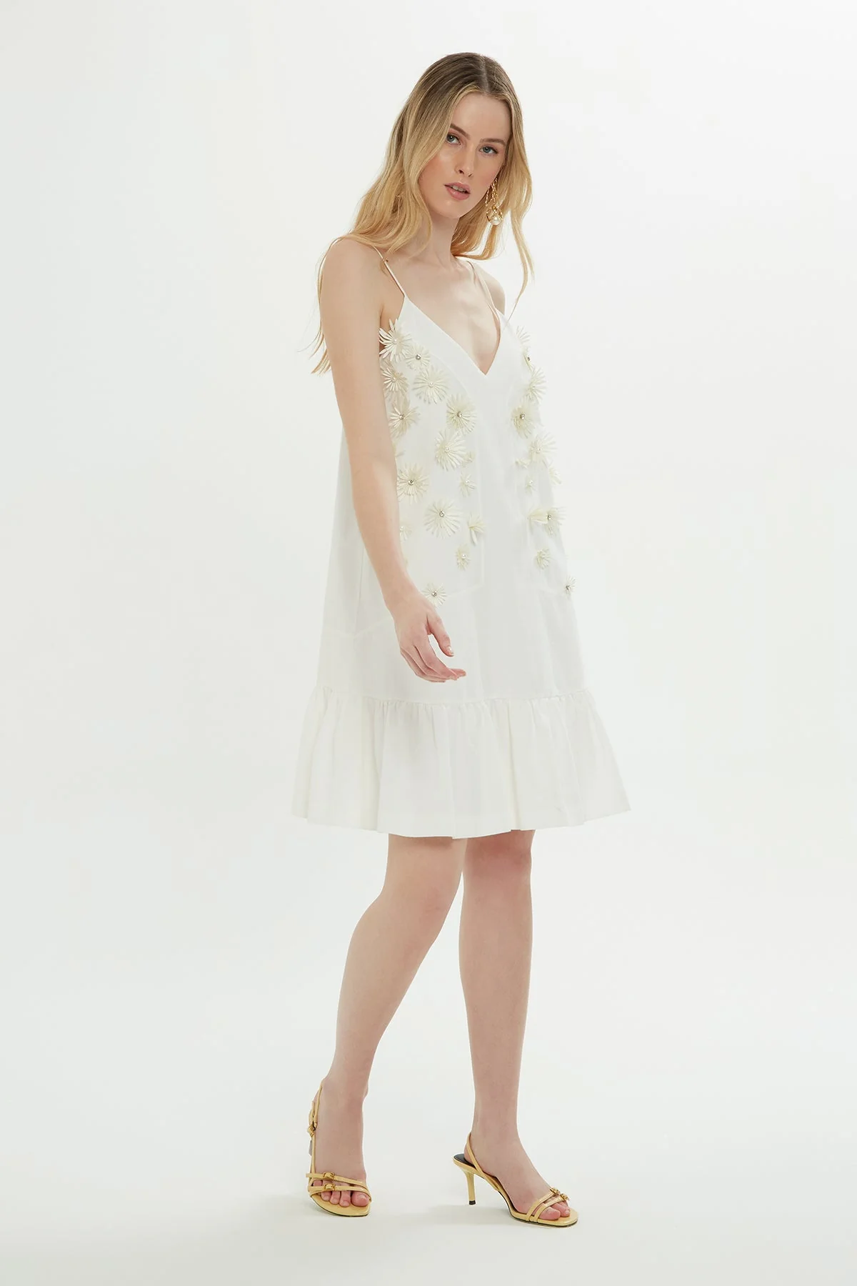 Ecru Mini Dress with Floral Detail