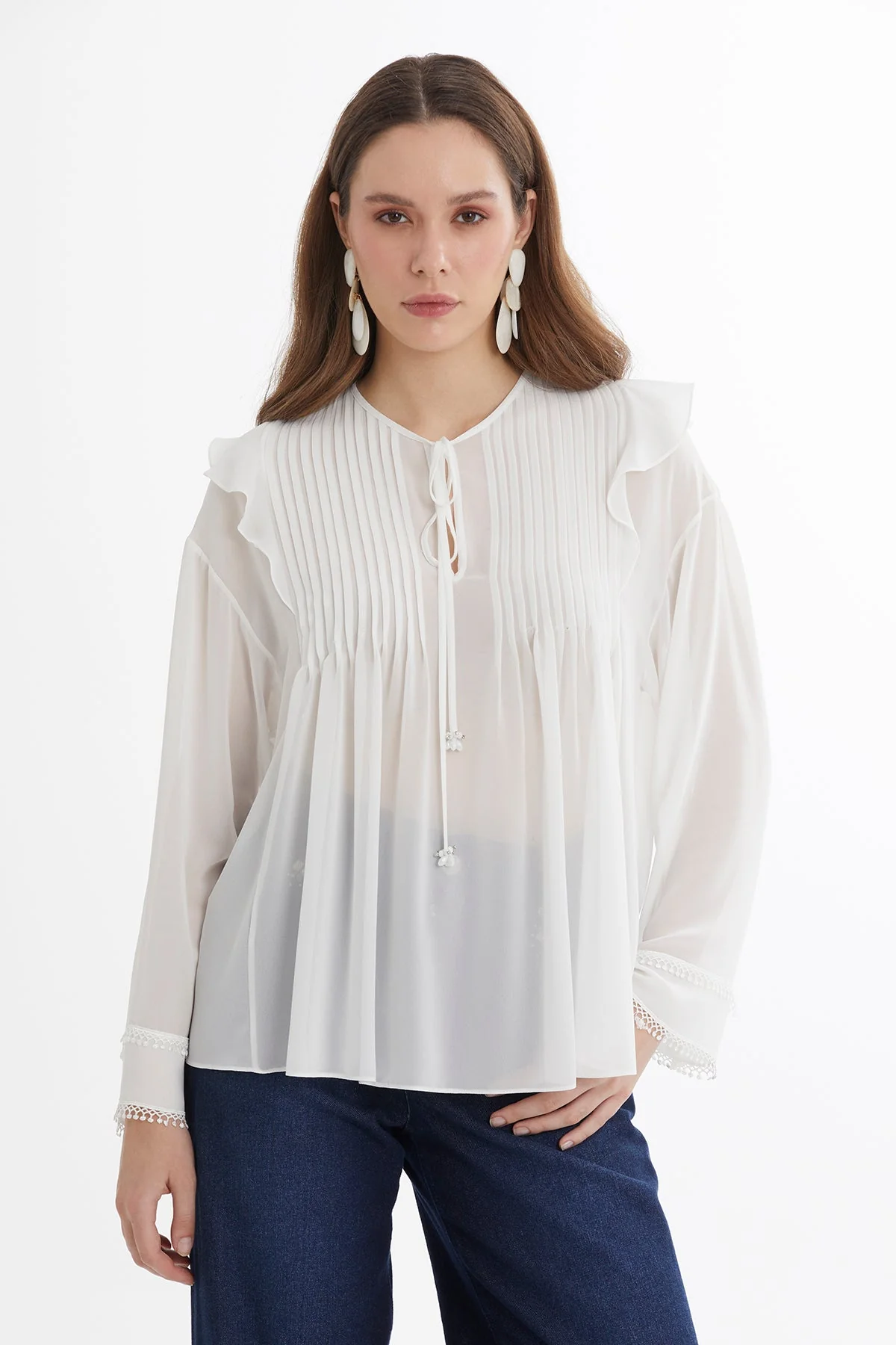 Ecru Pintuck Detail Sheer Blouse - Image 2