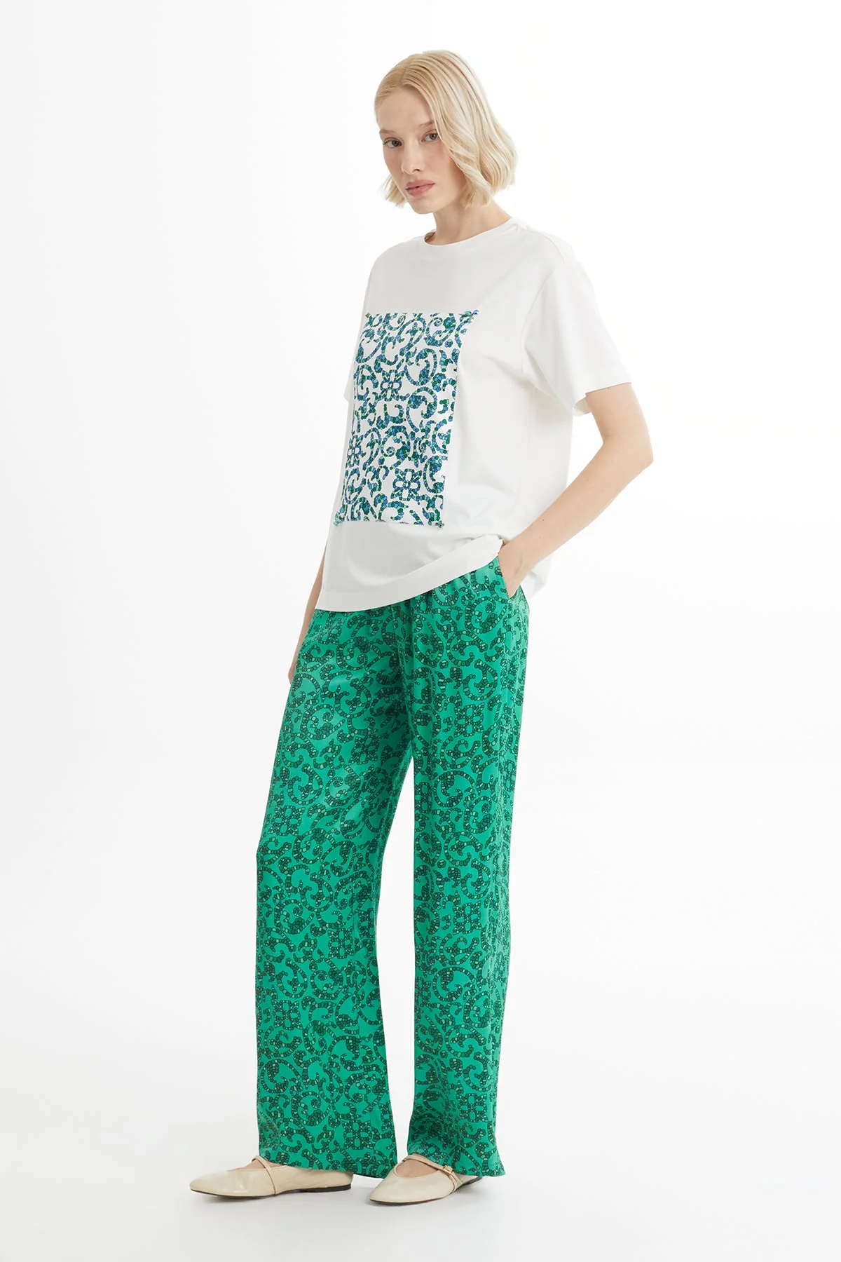 Ecru Printed Embroidered Detail T-Shirt - Image 3