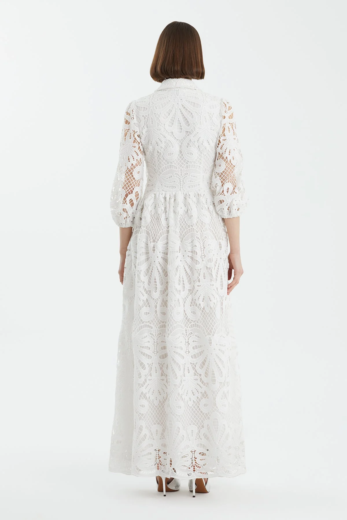 Ecru Puff Sleeve Embroidered Dress - Image 4