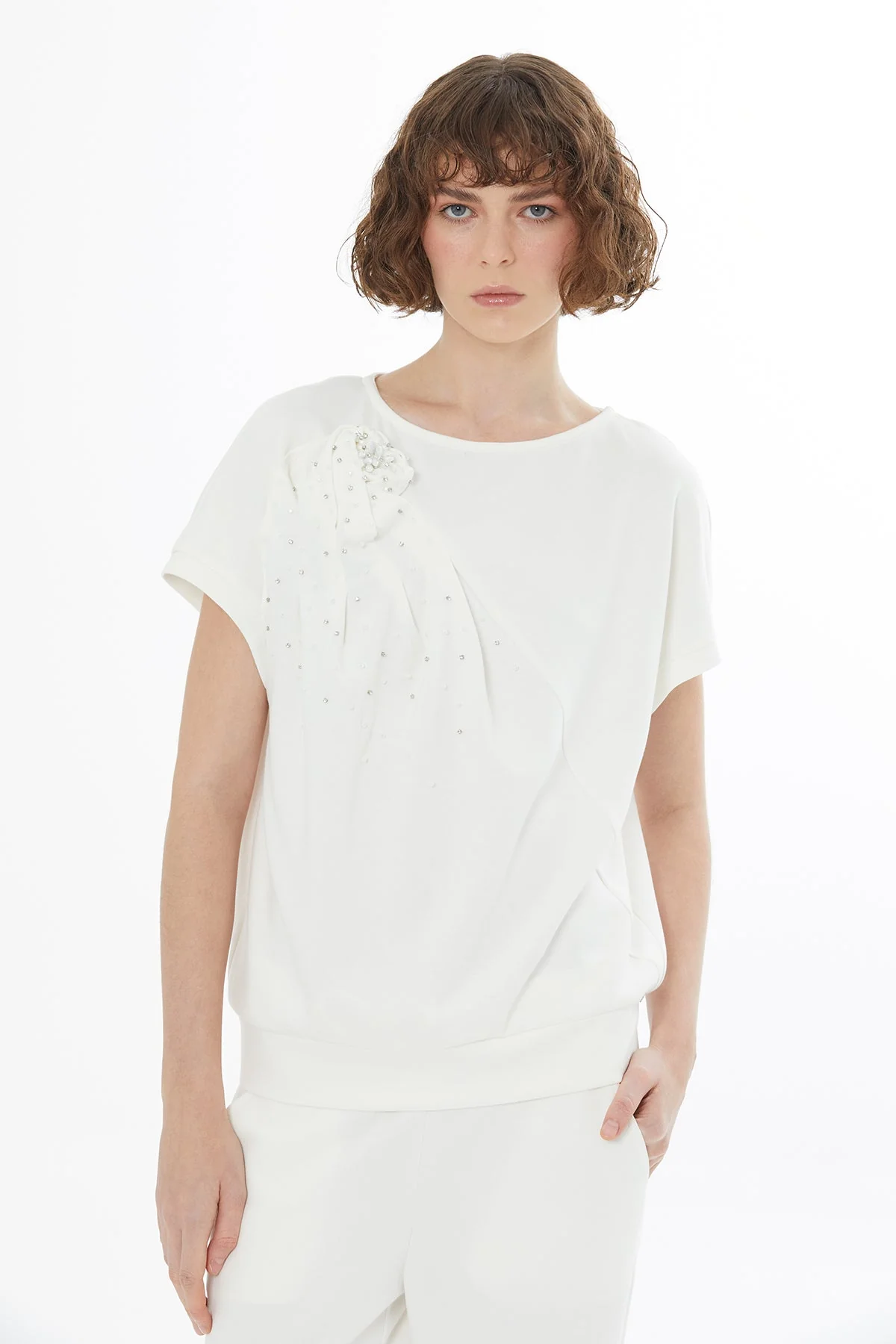 Ecru Rose Embroidered Blouse - Image 3