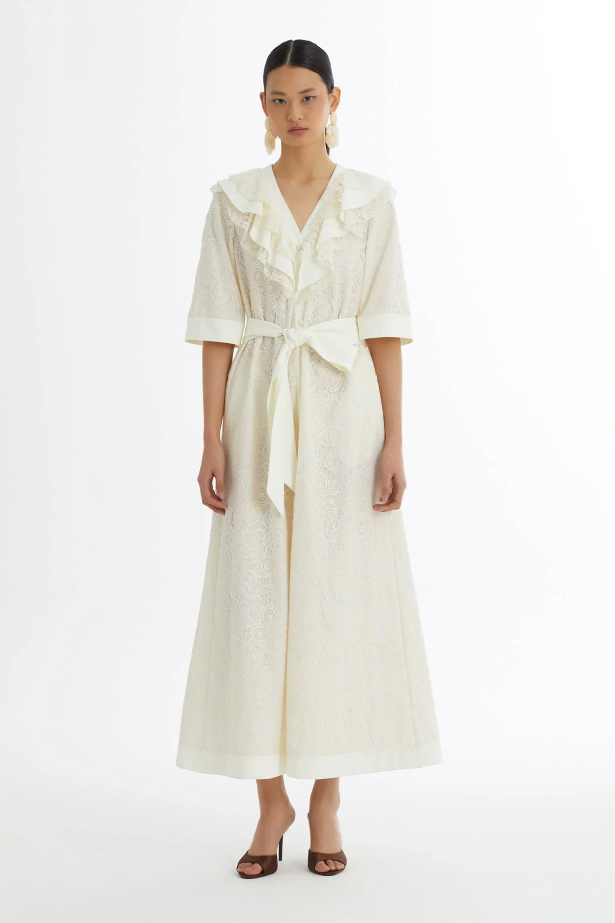Ecru Ruffle Collar Patterned Dress