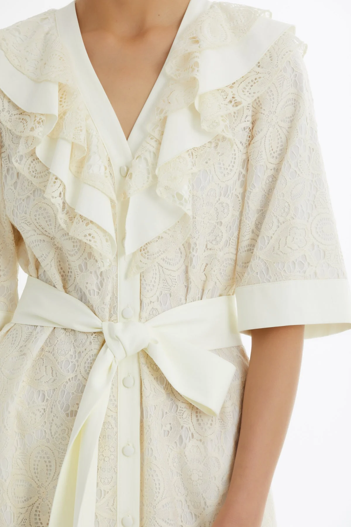 Ecru Ruffle Collar Patterned Dress - Image 2