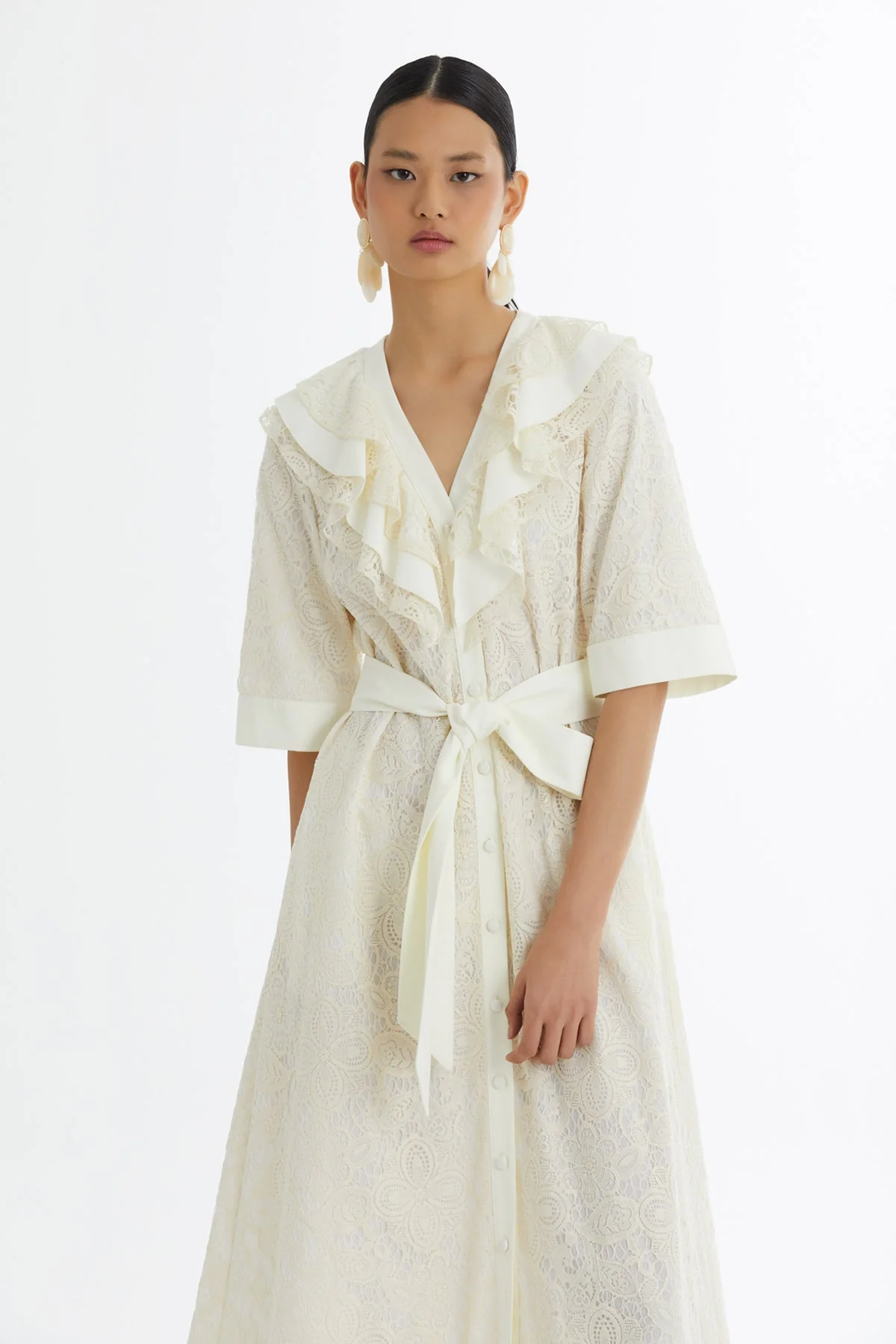 Ecru Ruffle Collar Patterned Dress - Image 3