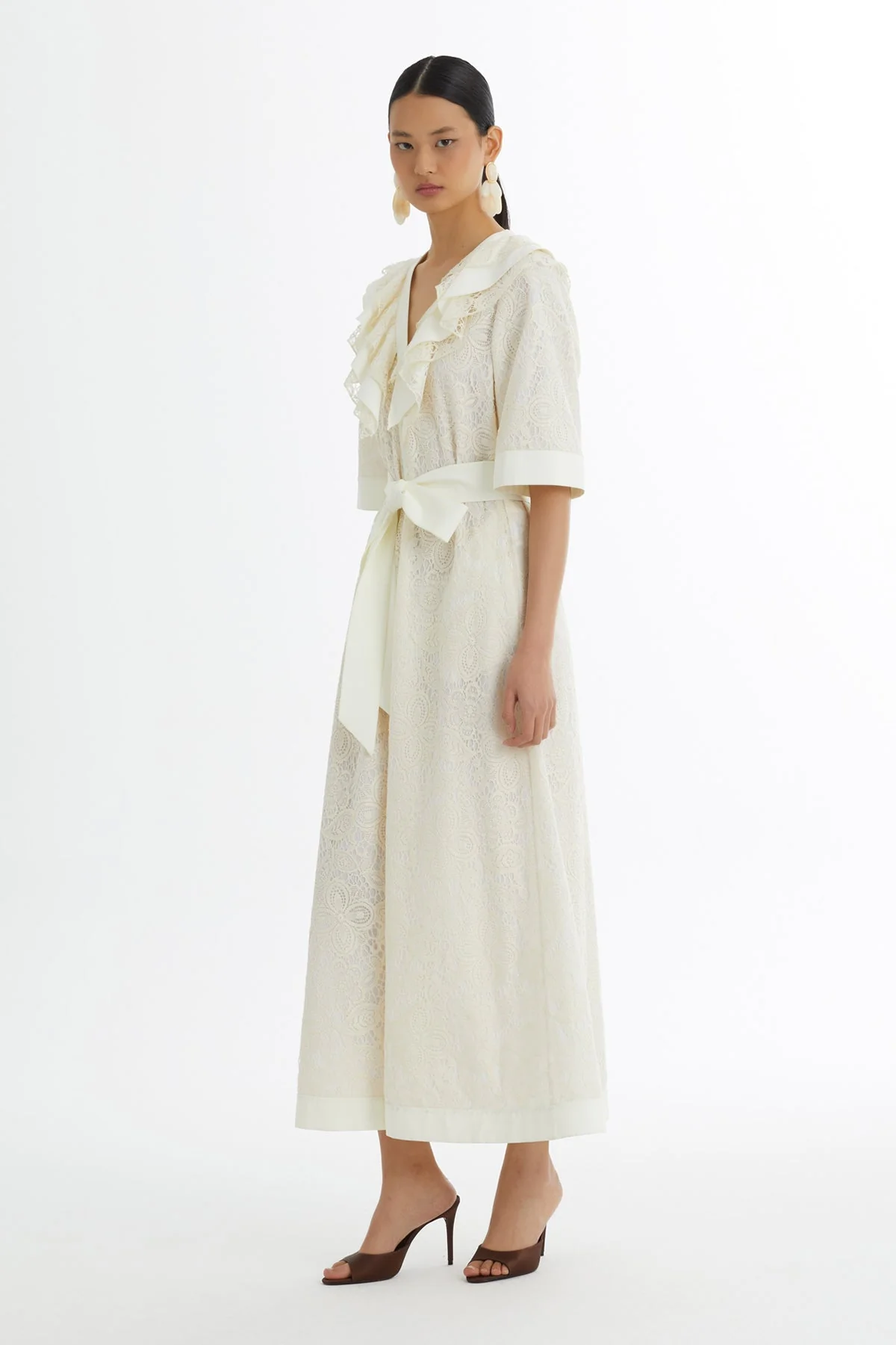 Ecru Ruffle Collar Patterned Dress - Image 4