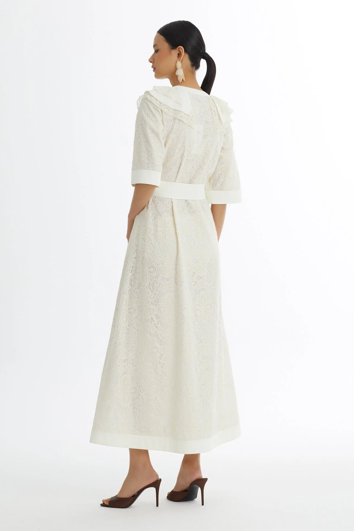 Ecru Ruffle Collar Patterned Dress - Image 5