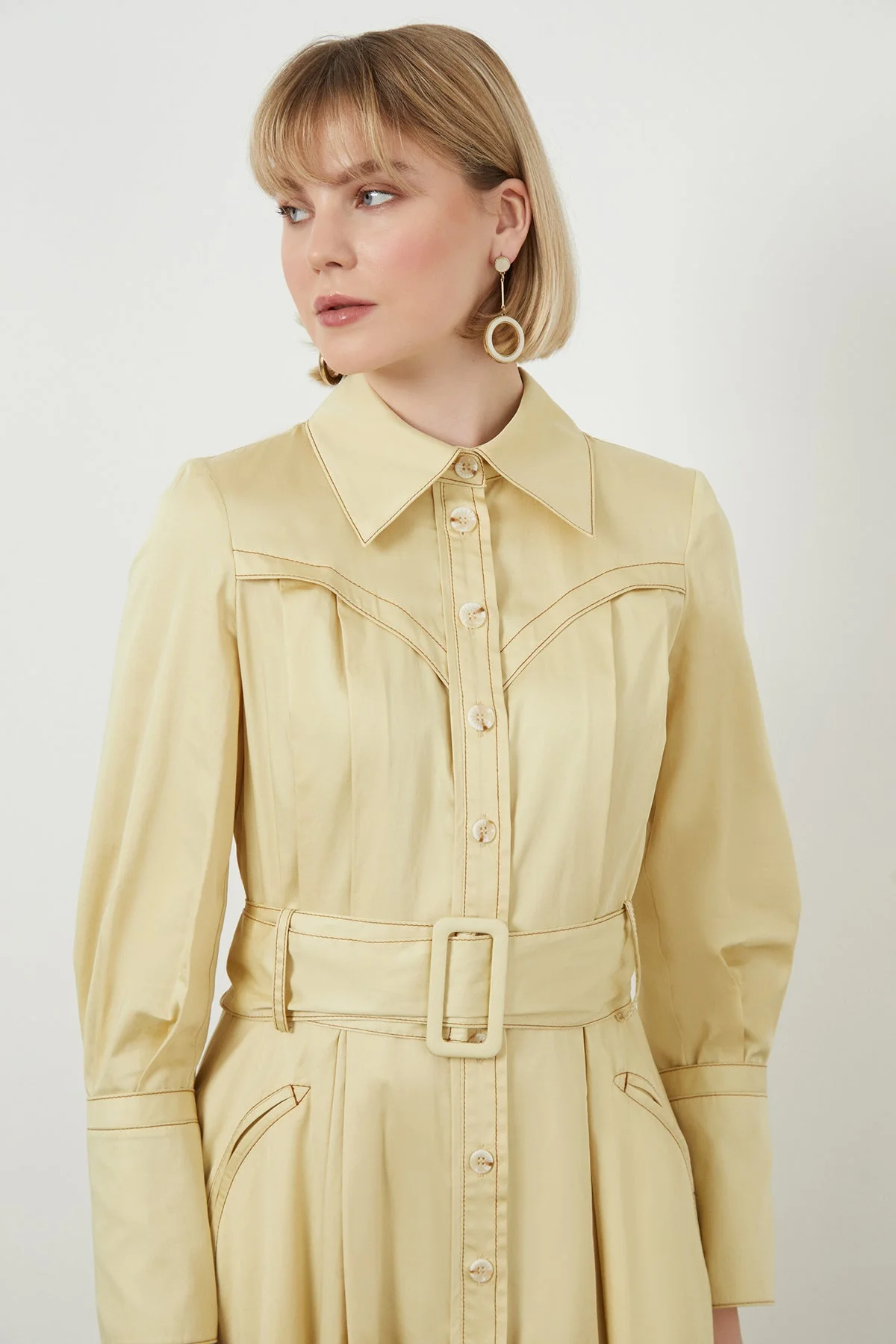 Ecru Sash-Detail Cotton Midi Dress - Image 3