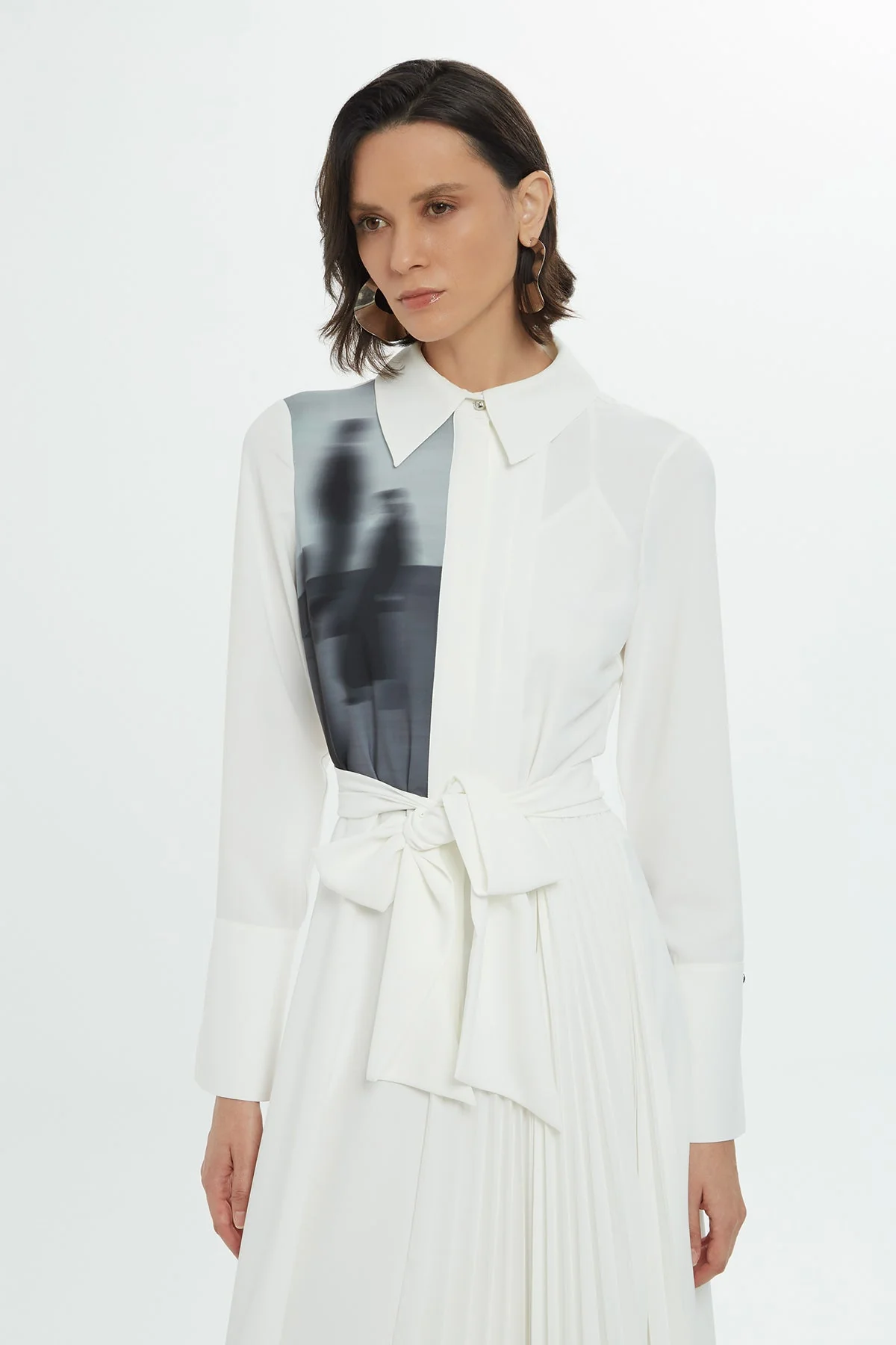 Ecru Sash-Detail Patterned Midi Dress - Image 2