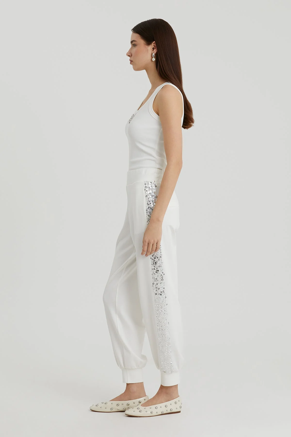 Ecru Sequin Cuff Gathered Joggers