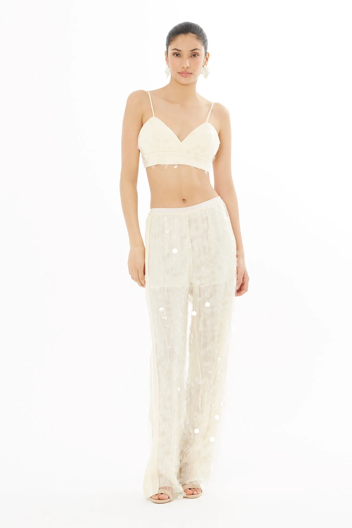 Ecru Sequin-Embellished Trousers