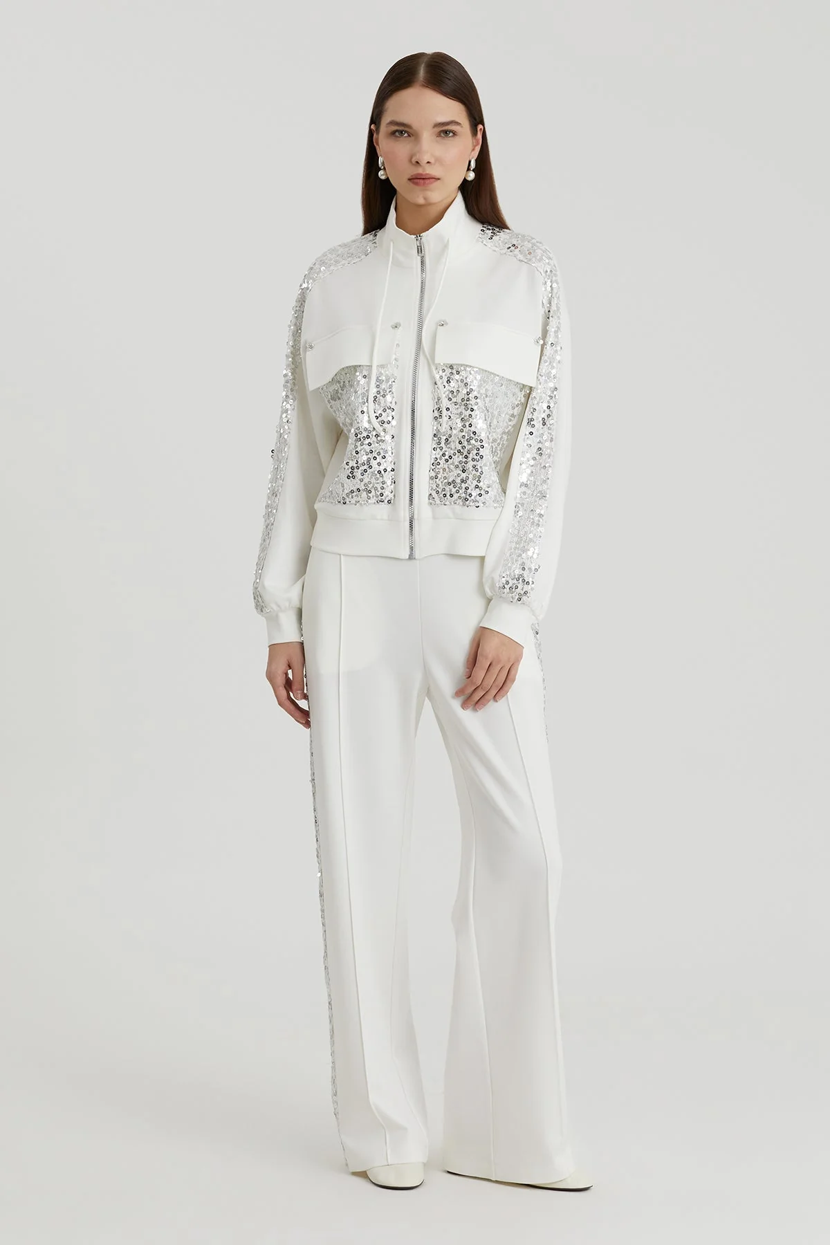 Ecru Sequin Embroidered Sweatshirt