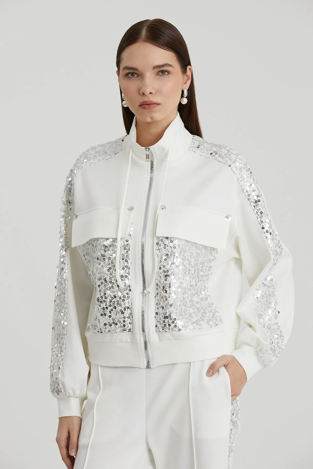 Ecru Sequin Embroidered Sweatshirt - Image 2