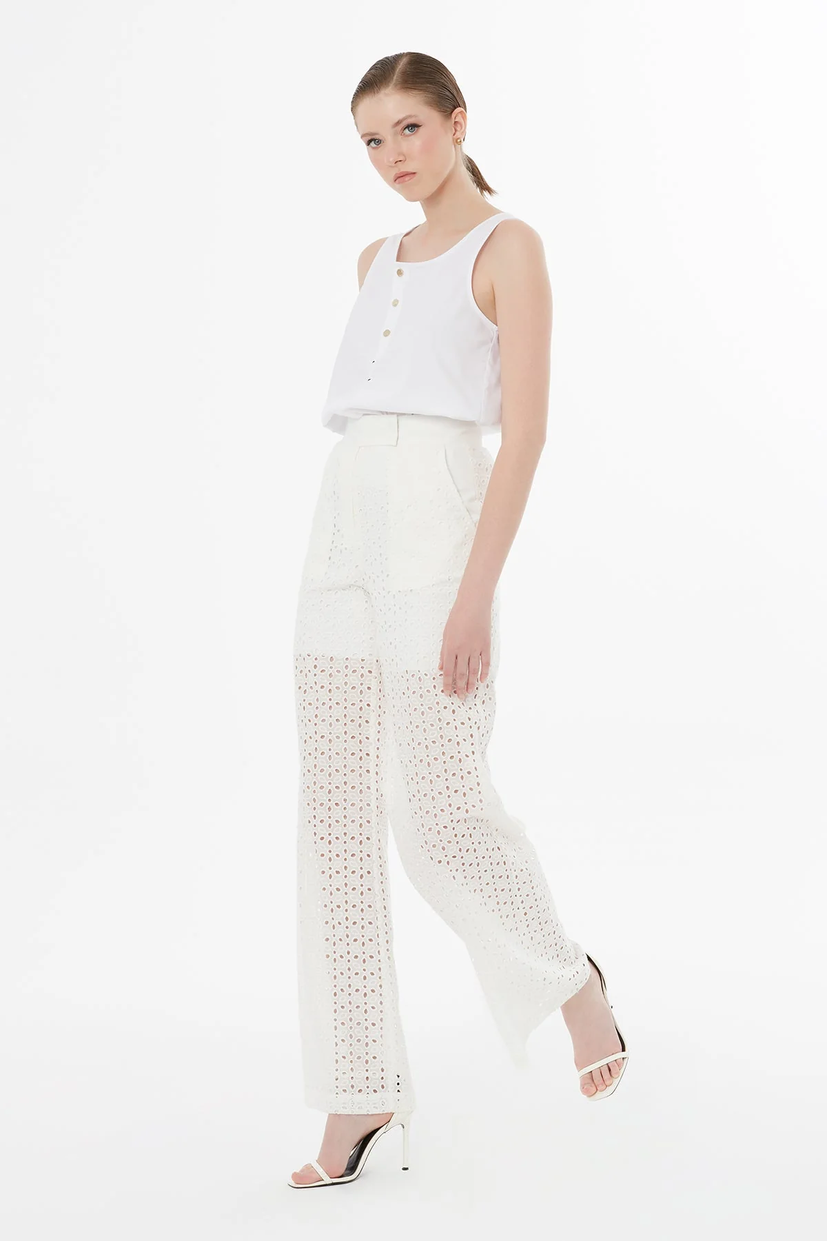 Ecru Sheer Detail Trousers - Image 3