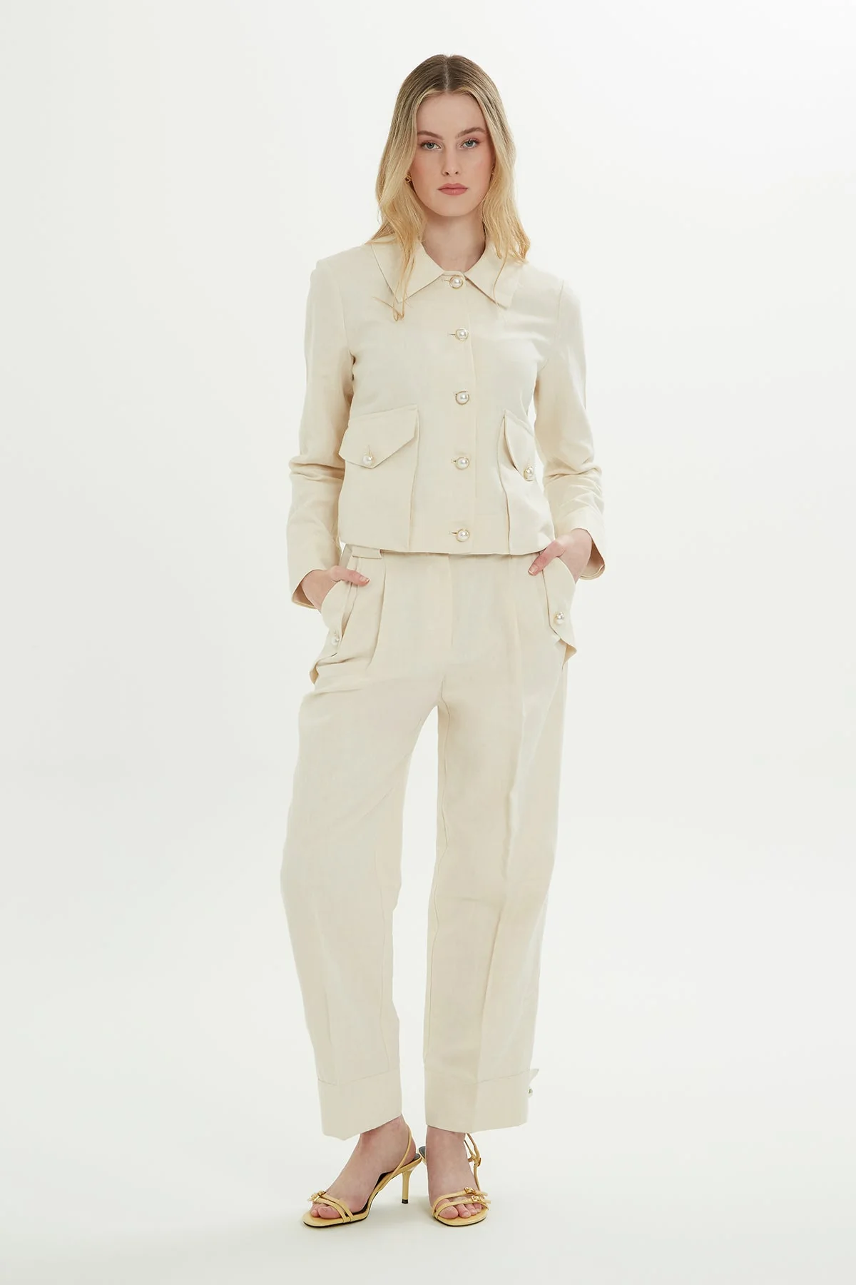 Ecru Shirt-Collar Tailored Jacket