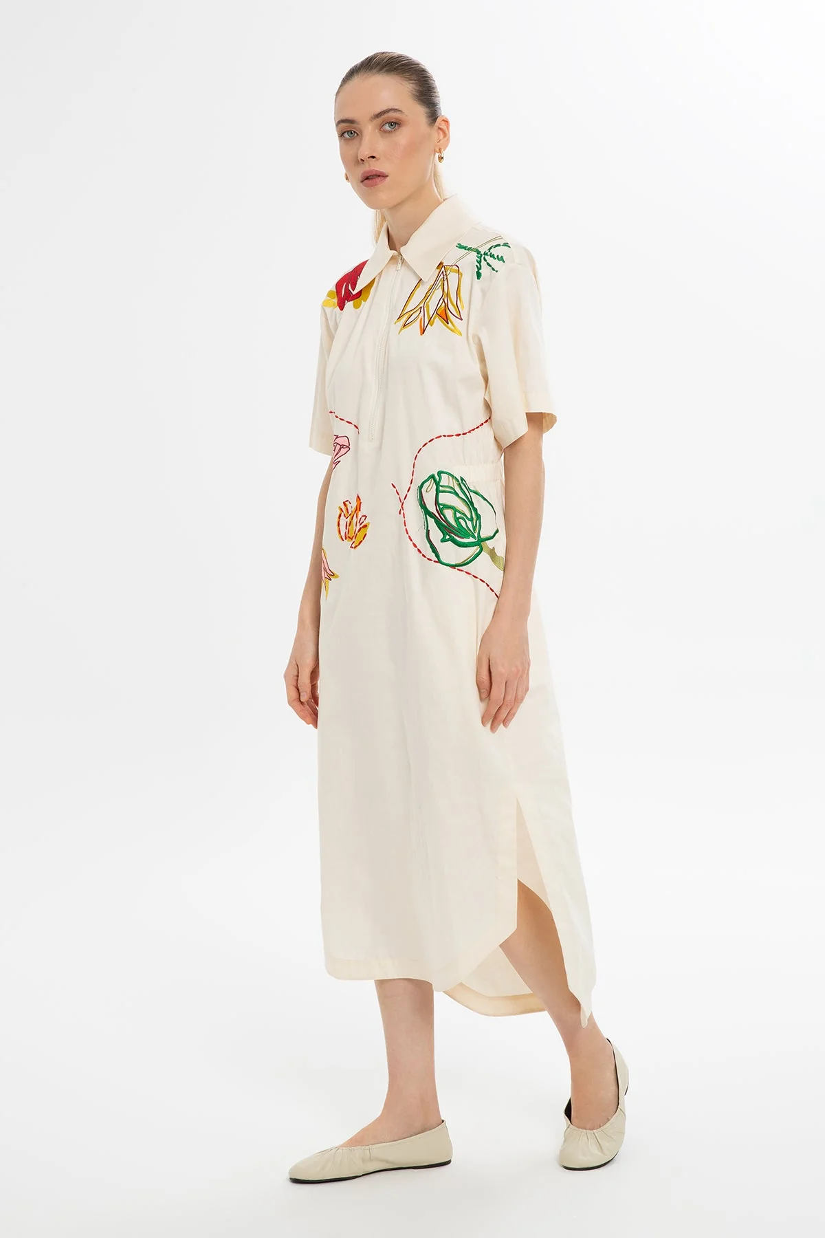 Ecru Short-Sleeve Embroidered Dress - Image 4