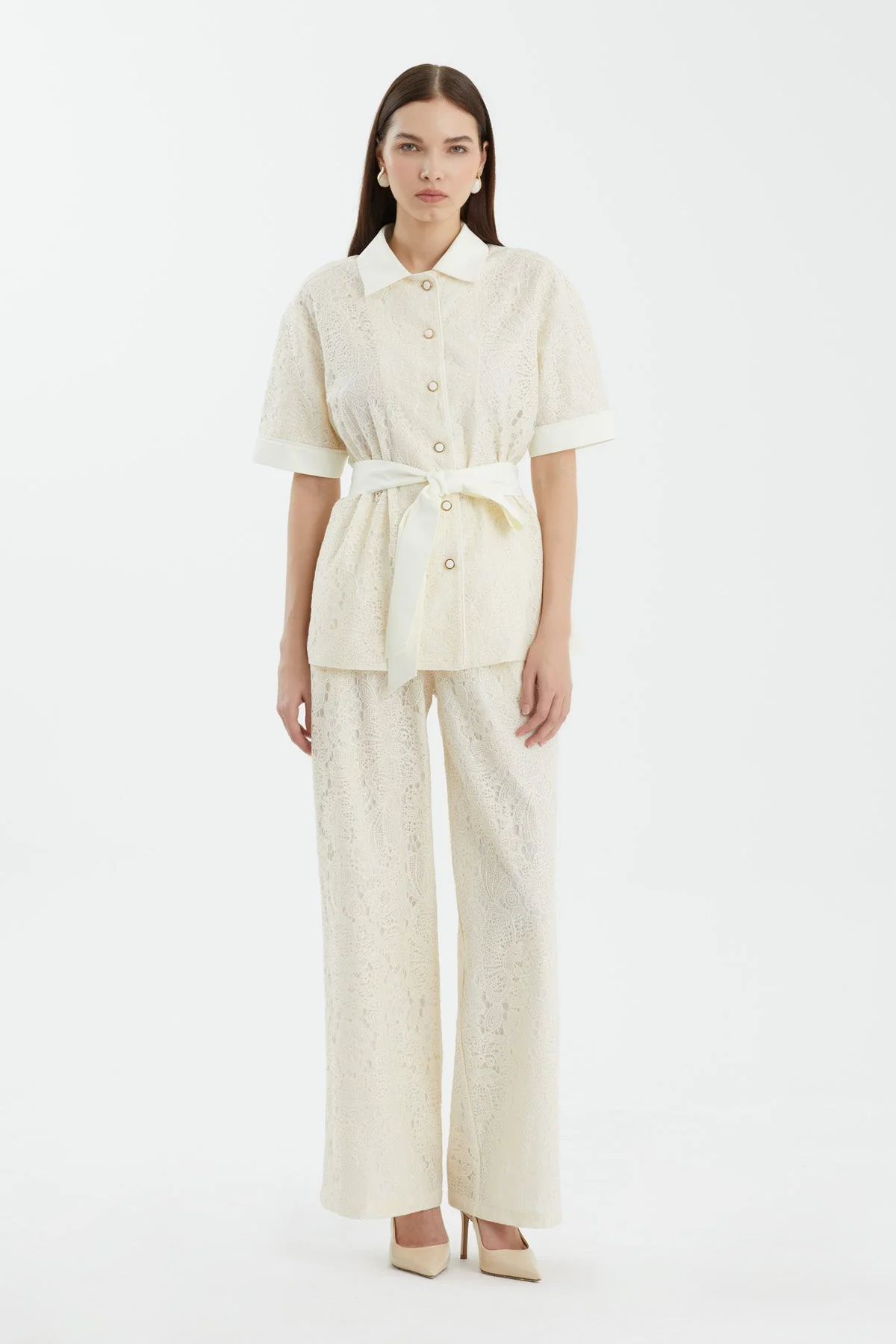 Ecru Tie-Waist Shirt Trouser Set