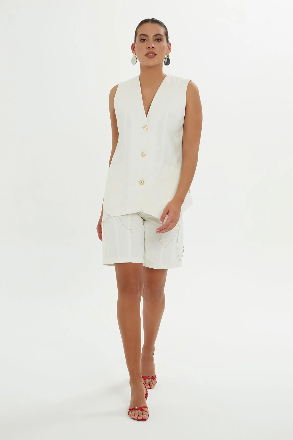 Ecru V-Neck Buttoned Vest - Image 4