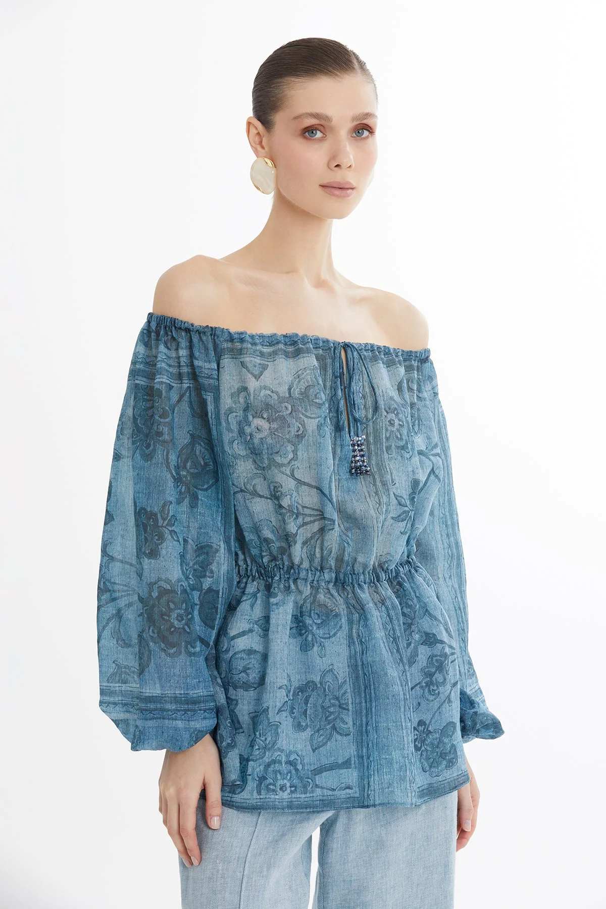 Gathered Embroidered Printed Blouse - Image 2