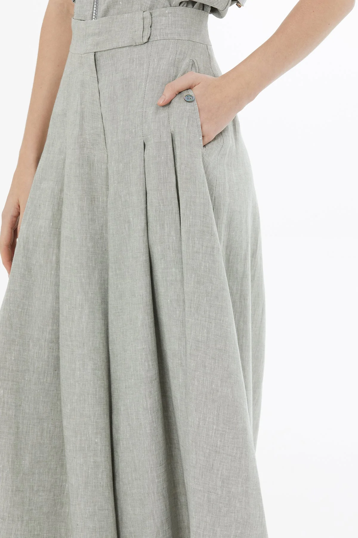 Green Belted Wide-Leg Linen Trousers - Image 3