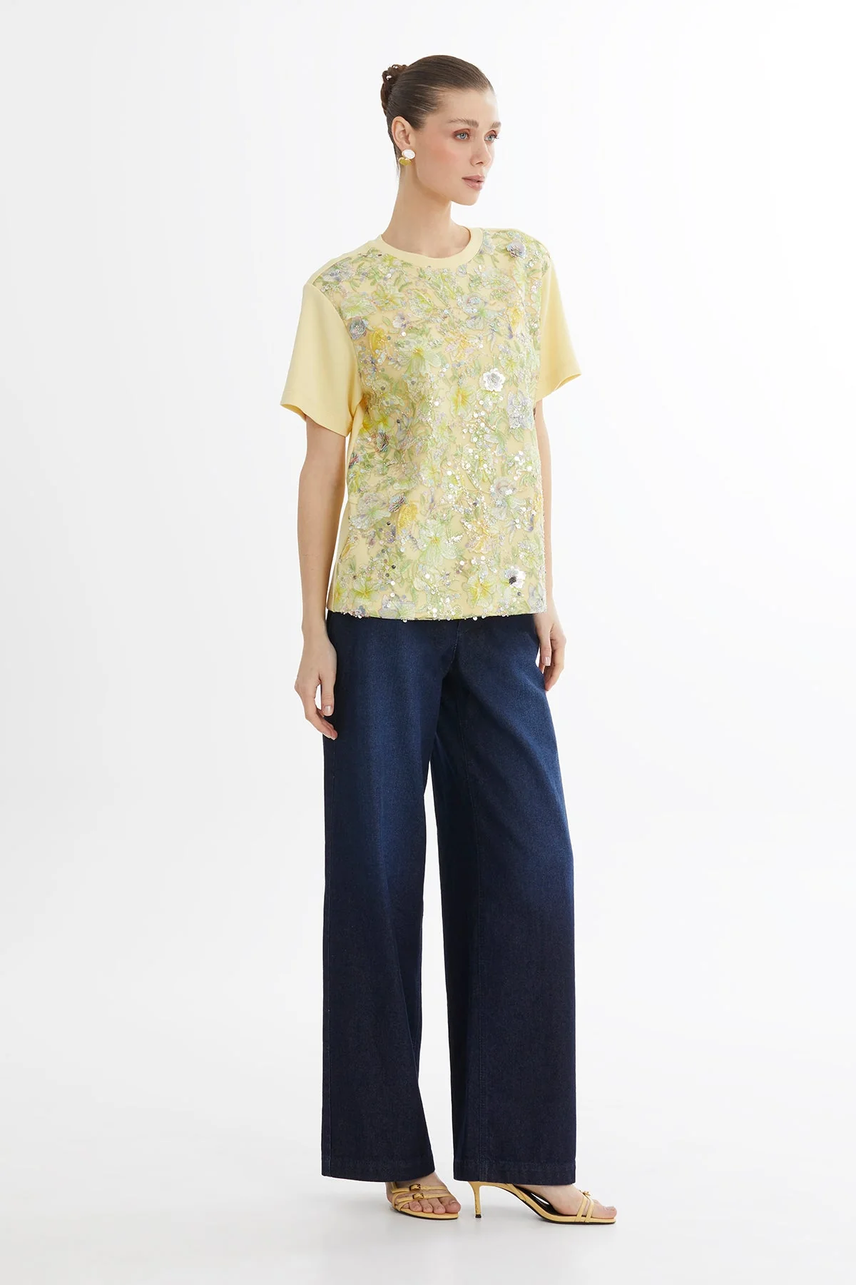 Green Color Embroidery Sequin T-Shirt - Image 3
