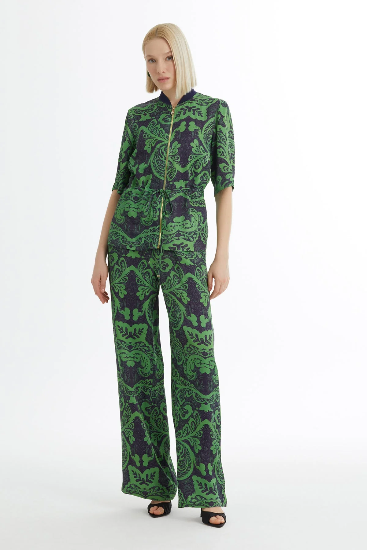 Green Patterned Blazer and Trouser Set