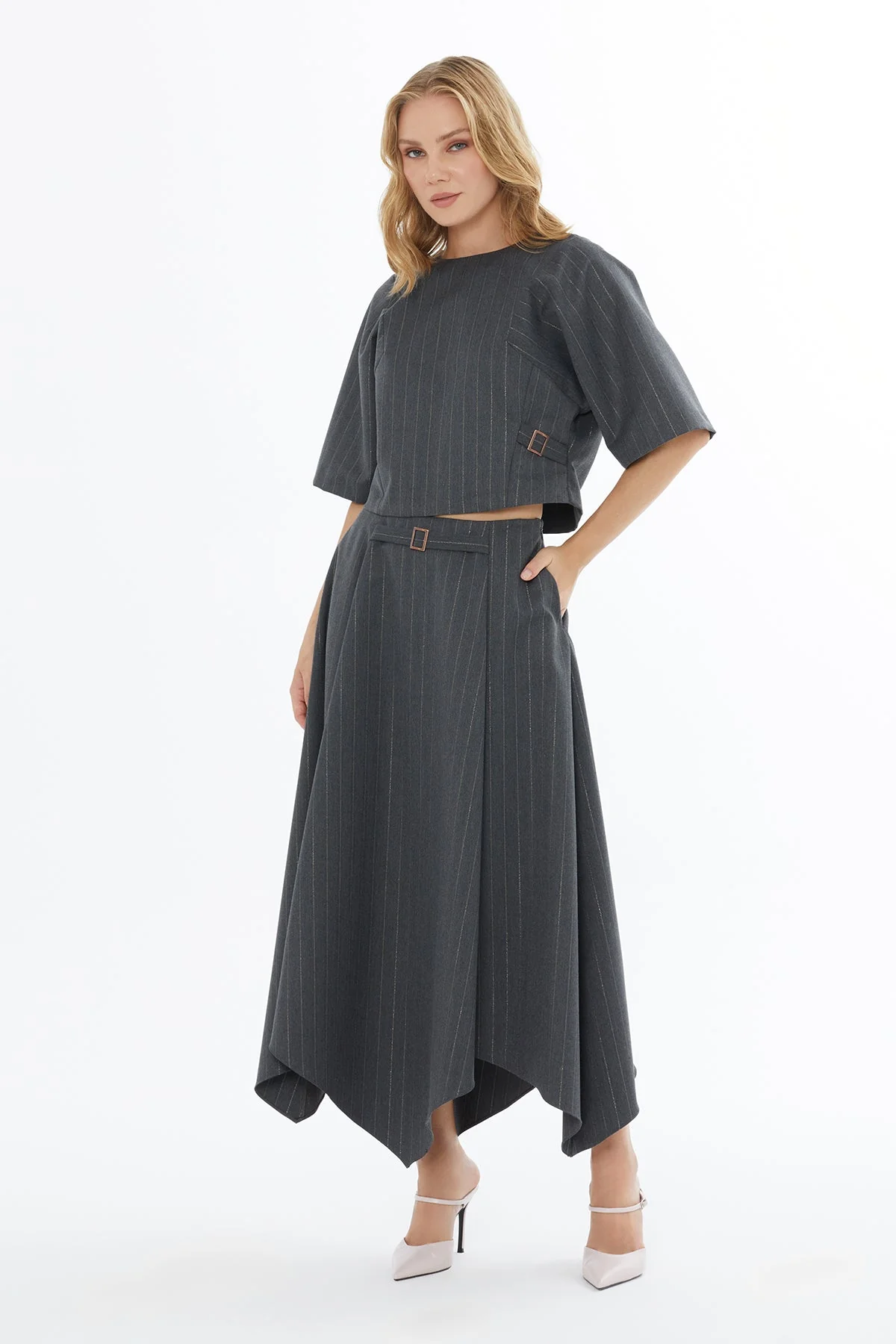Grey Asymmetrical-Hem Pleated Midi Skirt - Image 2