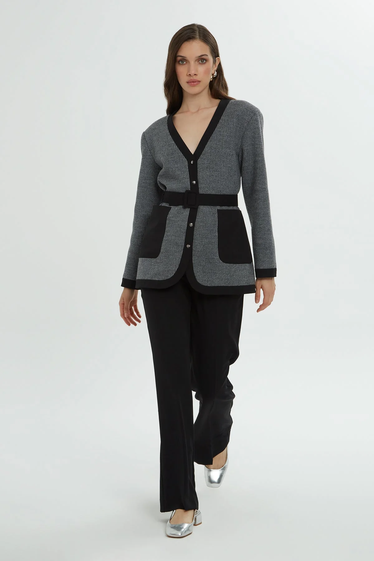Grey Belted Cardigan Set