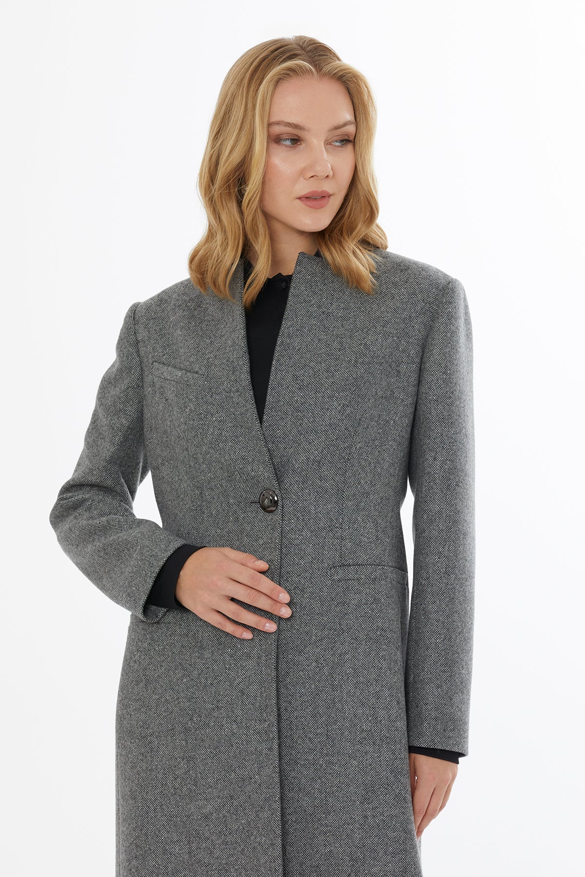 Grey Button Detail Full-Fit Coat - Image 2