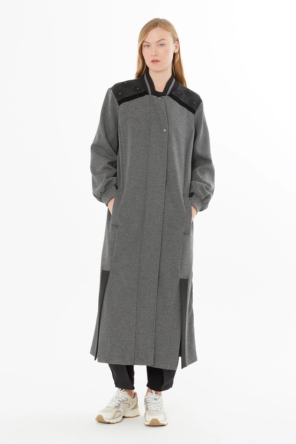Grey Long Jacket with Contrast Details - Image 2