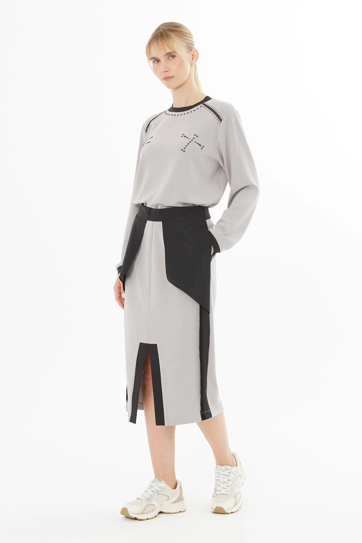 Grey Midi Skirt with Contrast Detail - Image 2