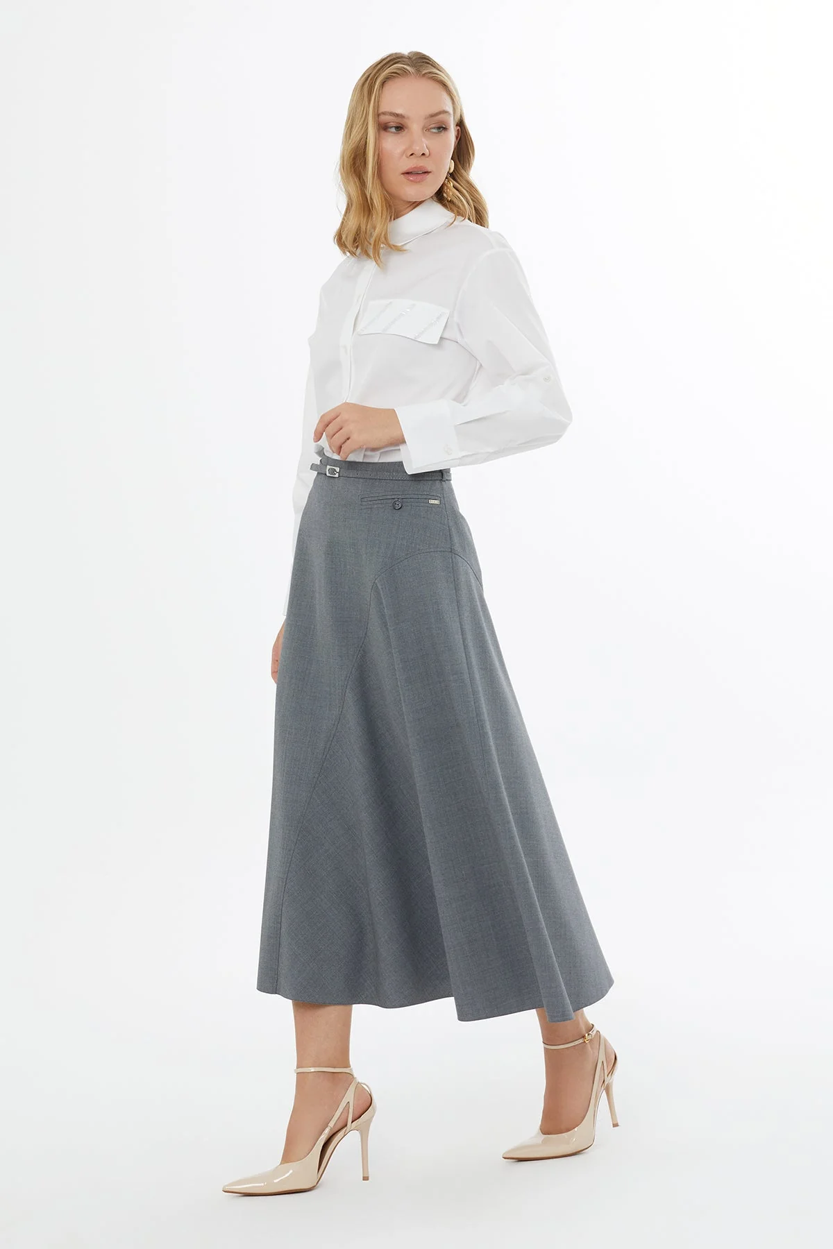 Grey Midi Skirt with Side Zipper - Image 3