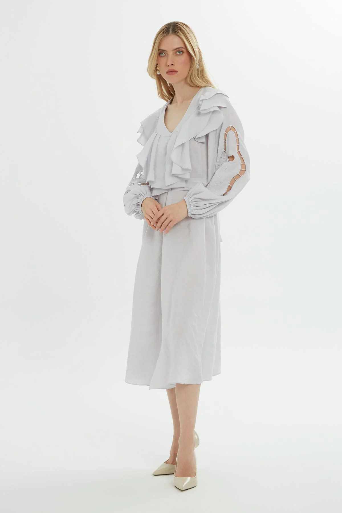 Grey Ruffle-Detail Midi Dress - Image 4