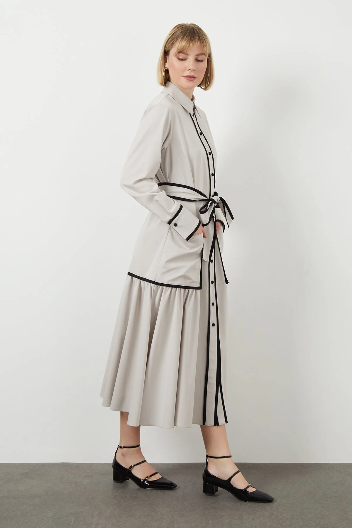Grey Sash-Detail Midi Dress - Image 2