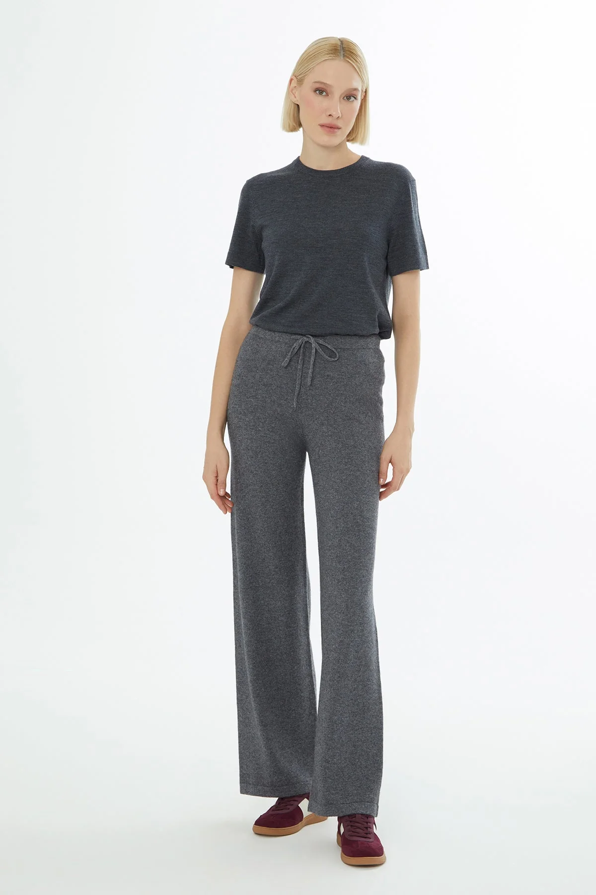 Grey Self-Fabric Waistband Knitted Trousers