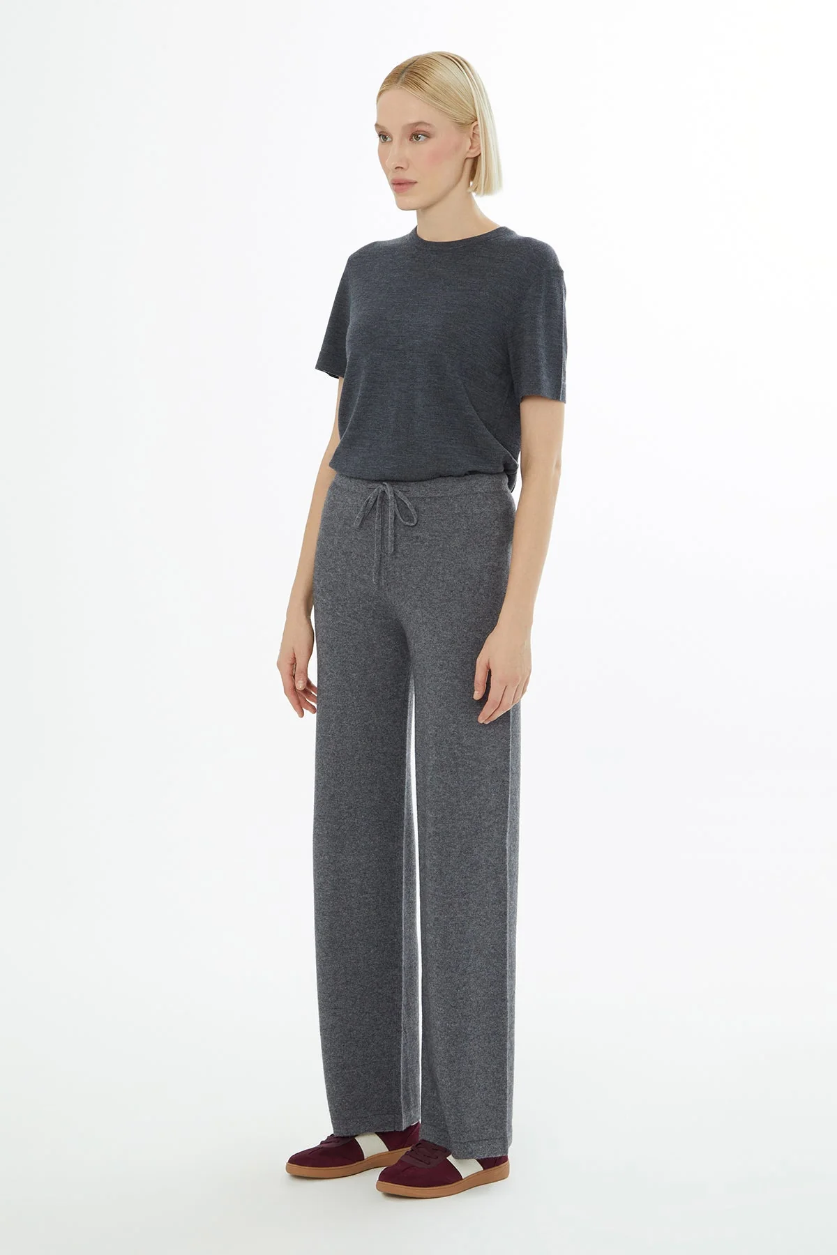 Grey Self-Fabric Waistband Knitted Trousers - Image 3