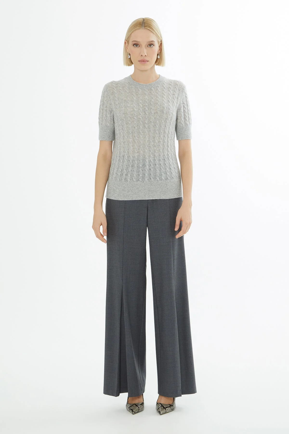 Grey Short-Sleeve Round-Neck Sweater