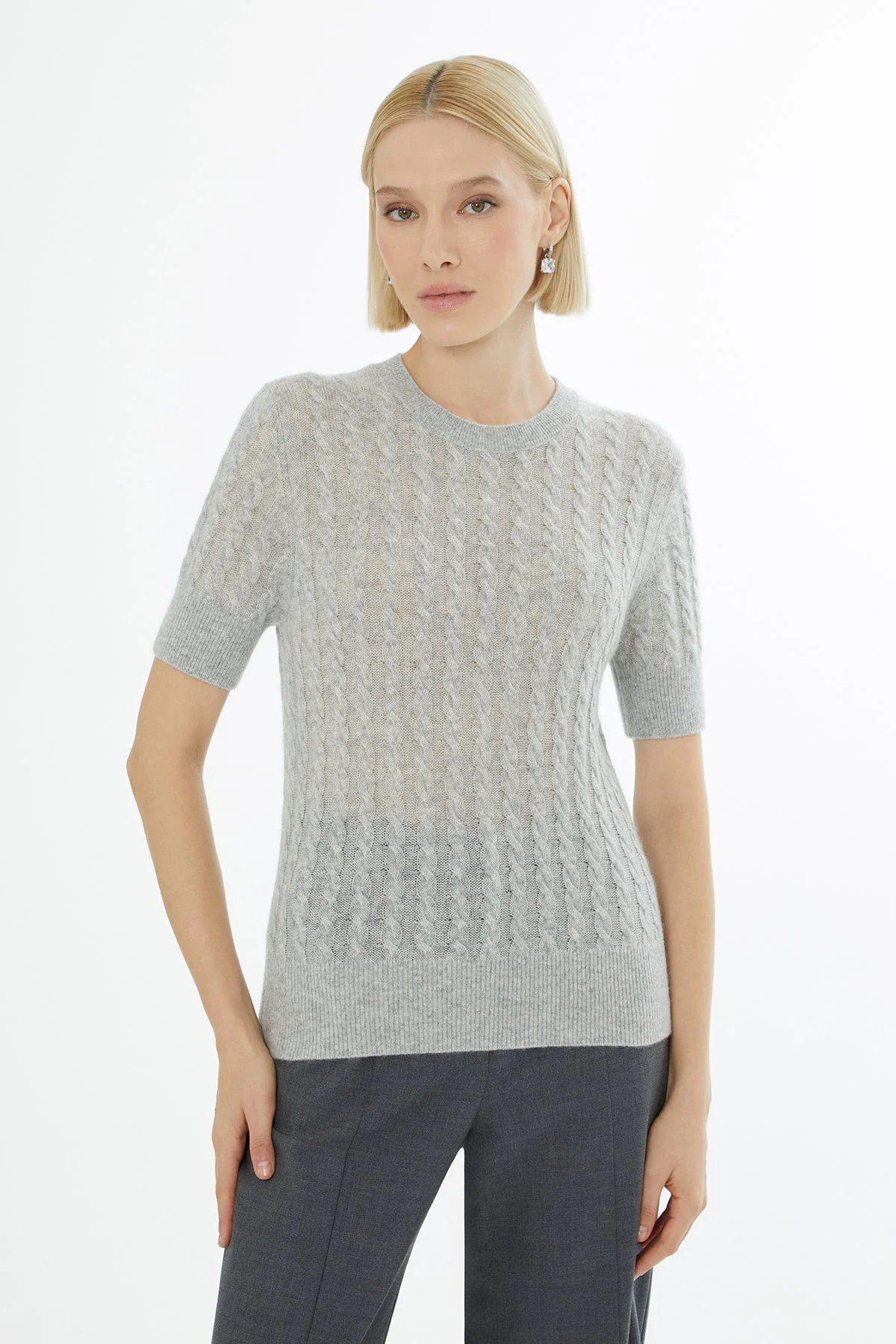 Grey Short-Sleeve Round-Neck Sweater - Image 3
