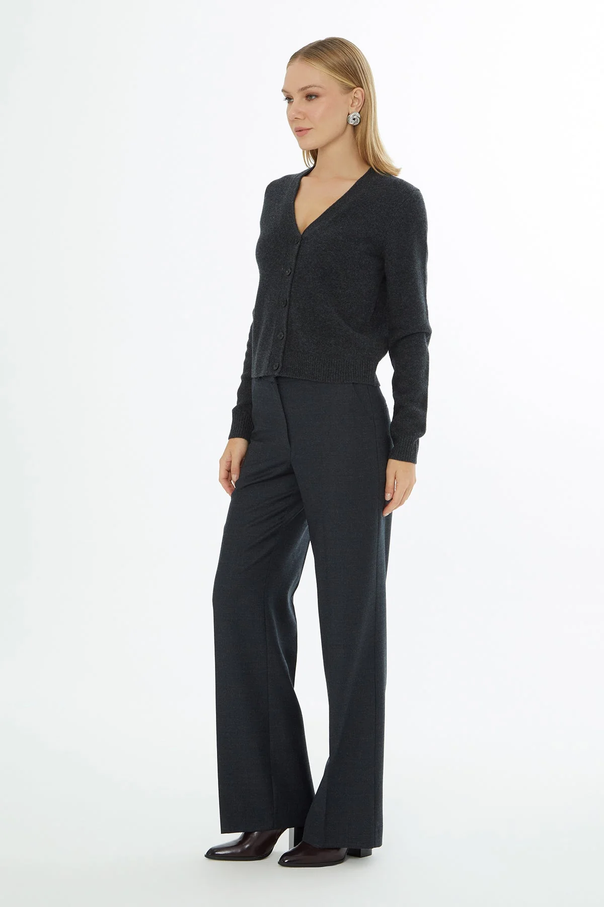 Grey V-Neck Cardigan with Button Closure - Image 3