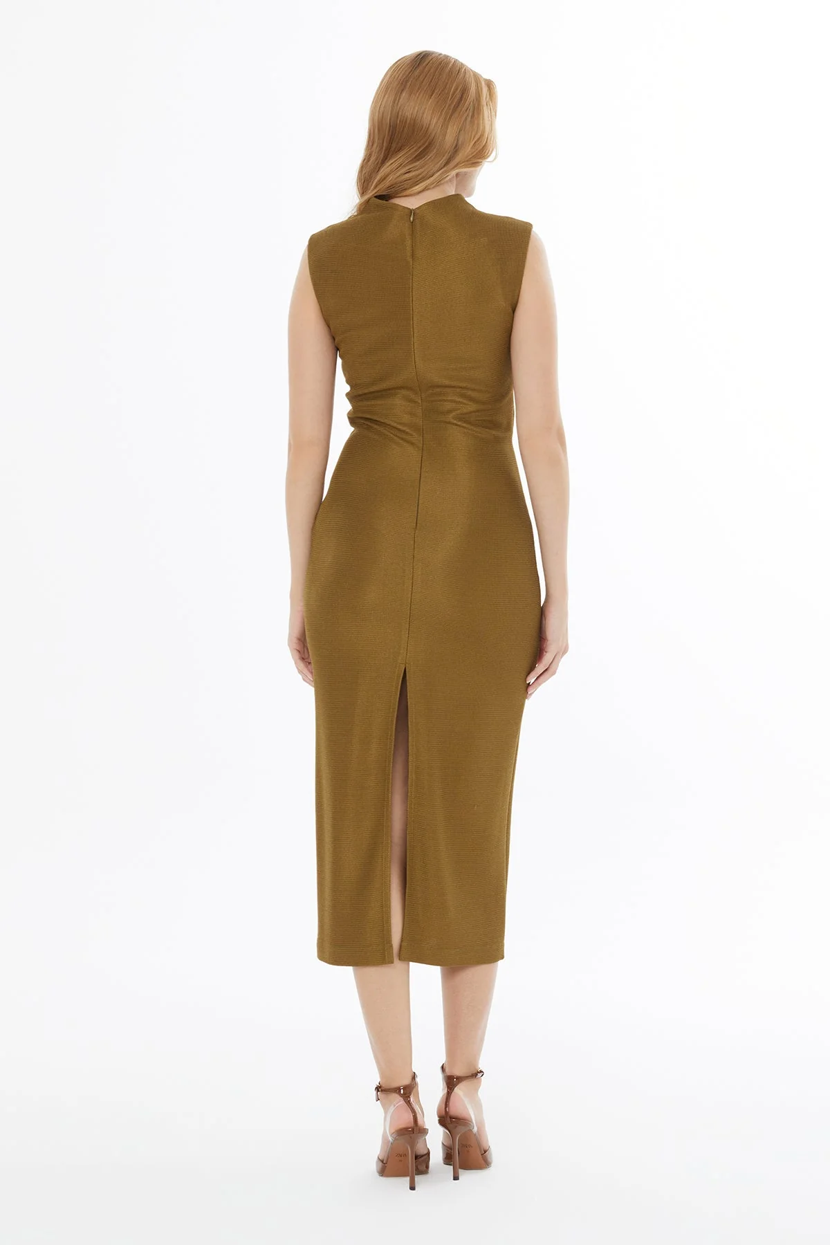 Khaki Sleeveless Midi Dress with Slit - Image 4