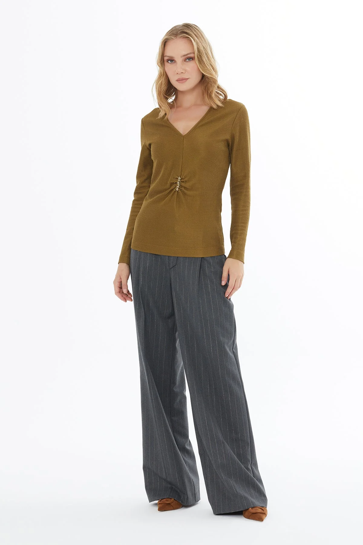Khaki V-Neck Blouse with Stone Detailing