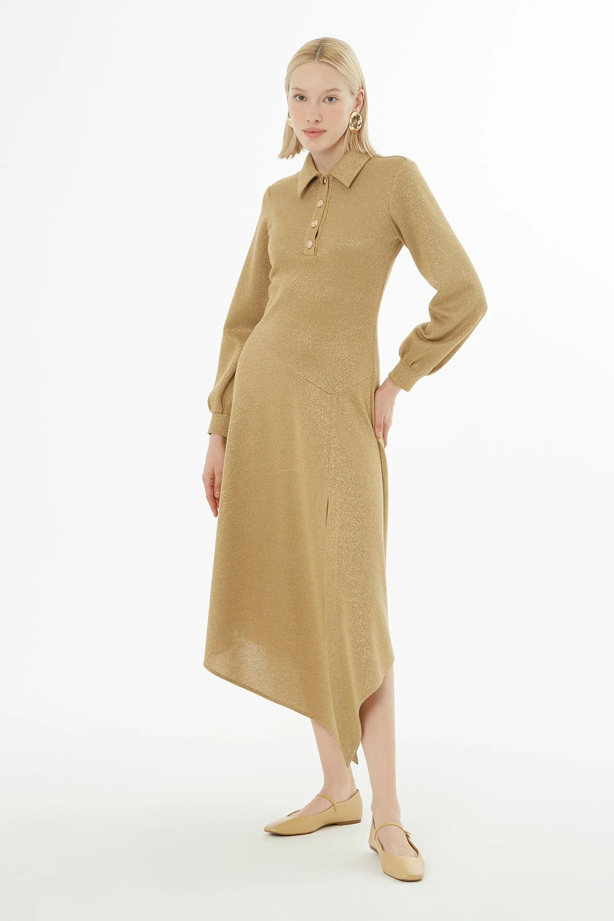 Long-Sleeved Midi Beige Dress - Image 3