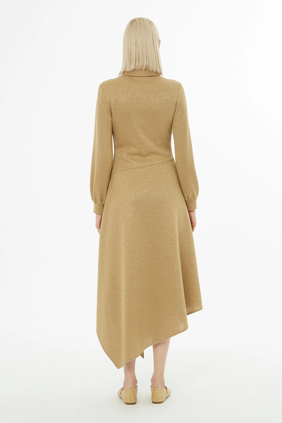 Long-Sleeved Midi Beige Dress - Image 4