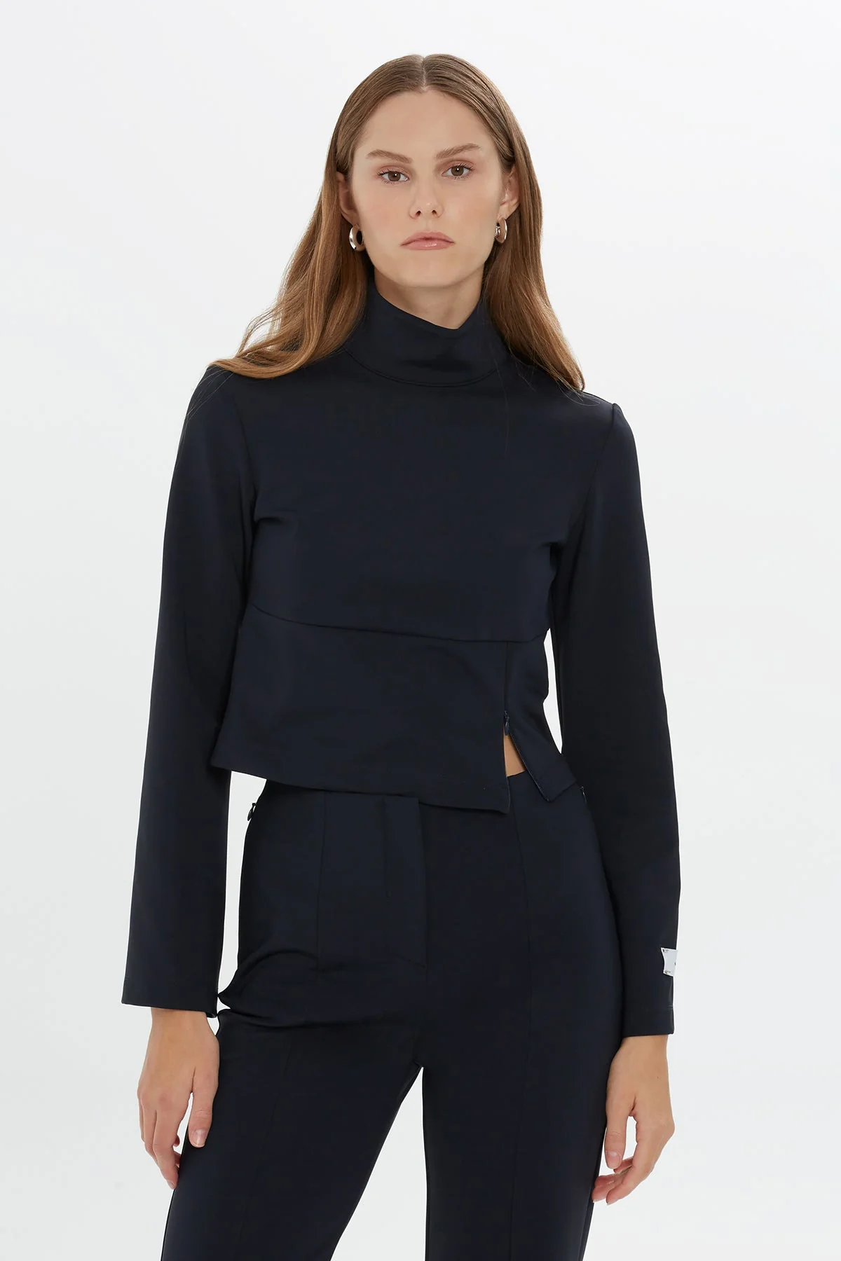 Navy Asymmetric High-Neck Crop Top