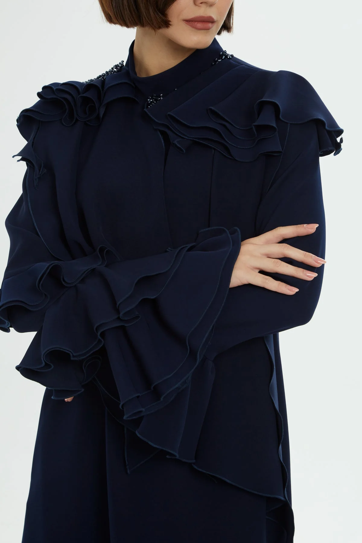 Navy Beaded Ruffle-Detail Long Dress - Image 3