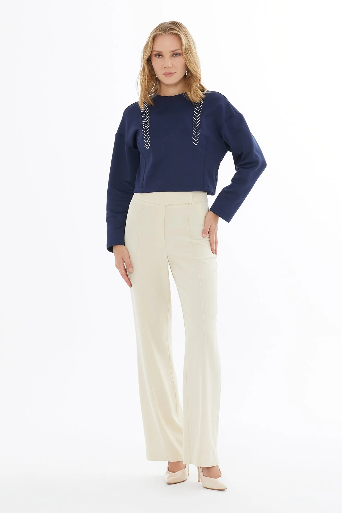 Navy Crop Blouse with Bead Details