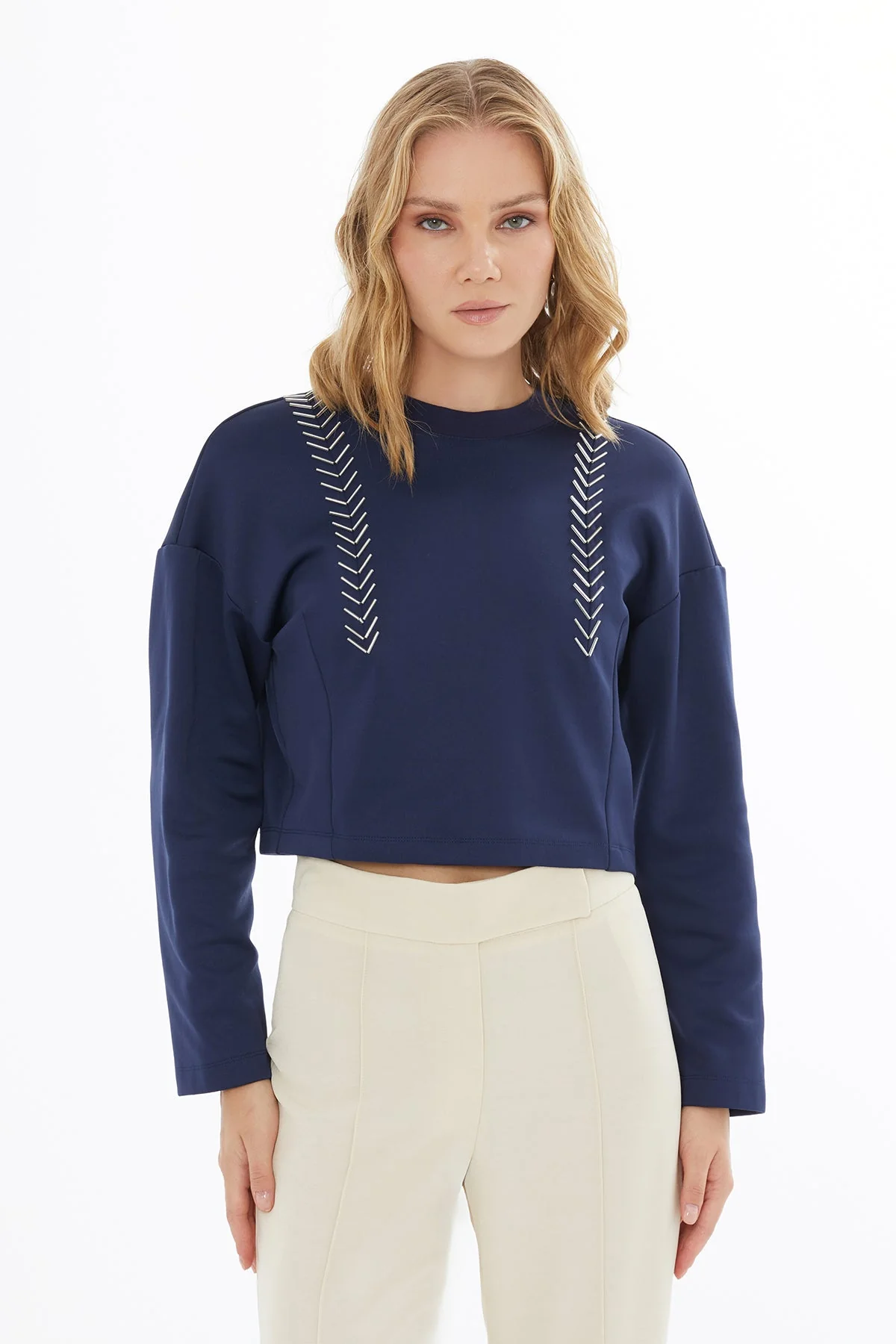 Navy Crop Blouse with Bead Details - Image 3