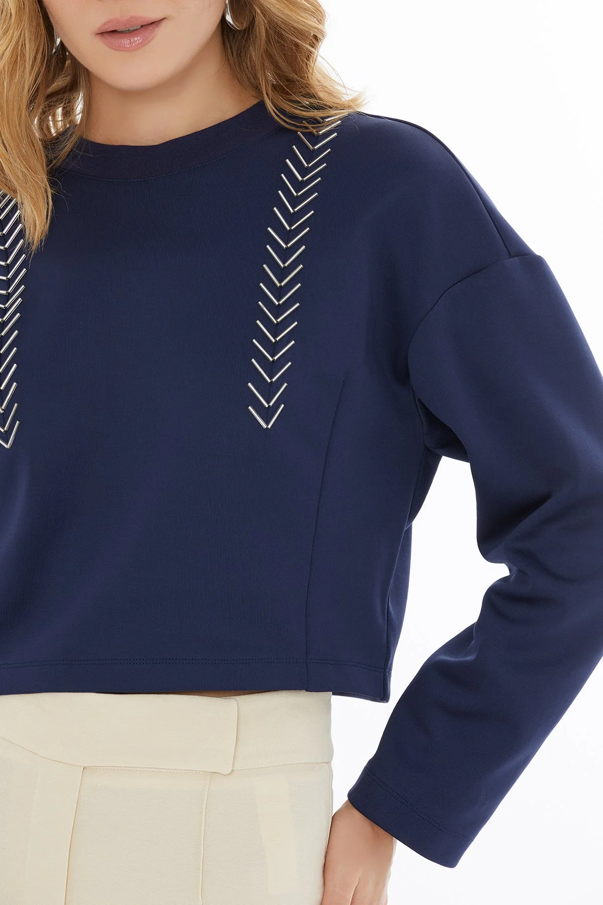 Navy Crop Blouse with Bead Details - Image 4