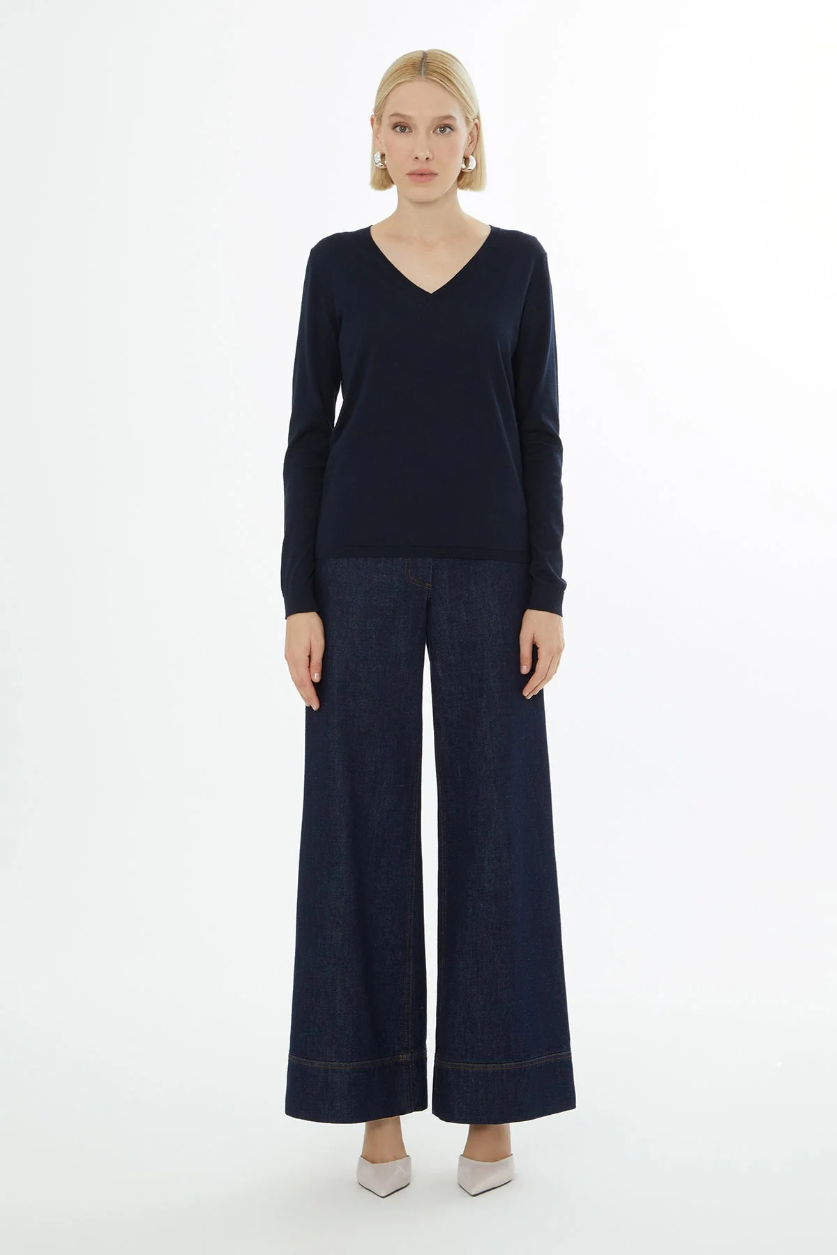 Navy Long-Sleeve V-Neck Blouse